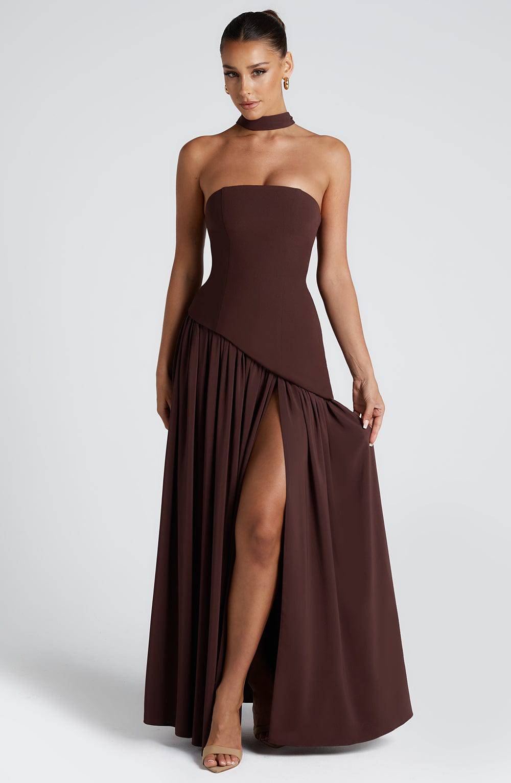 Marisela™ Emma & Rose Cape Town plum-brown maxi dress with elegant flowing fabric and sophisticated design, perfect for formal occasions.