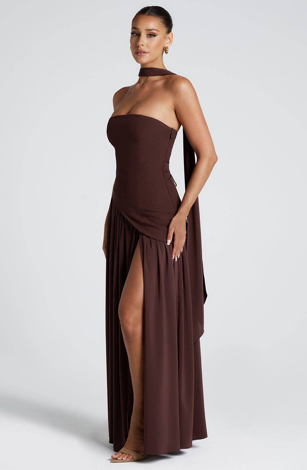 Marisela™ plum-brown maxi dress by Emma & Rose Cape Town, elegant flowing dress with sophisticated design and comfortable fit.