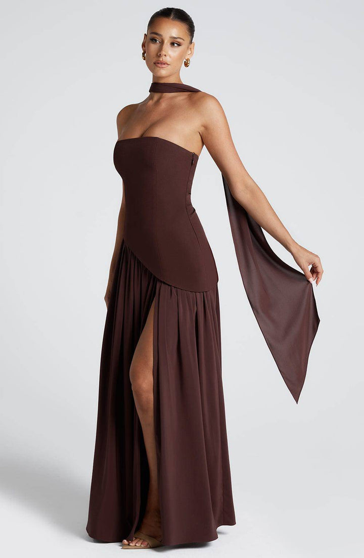 Marisela™ Emma & Rose Cape Town plum maxi dress featuring elegant flowing fabric and sophisticated design for formal occasions.