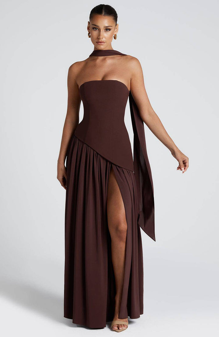 Marisela™ Emma & Rose Cape Town maxi dress in plum brown with elegant flowing fabric and sophisticated design.