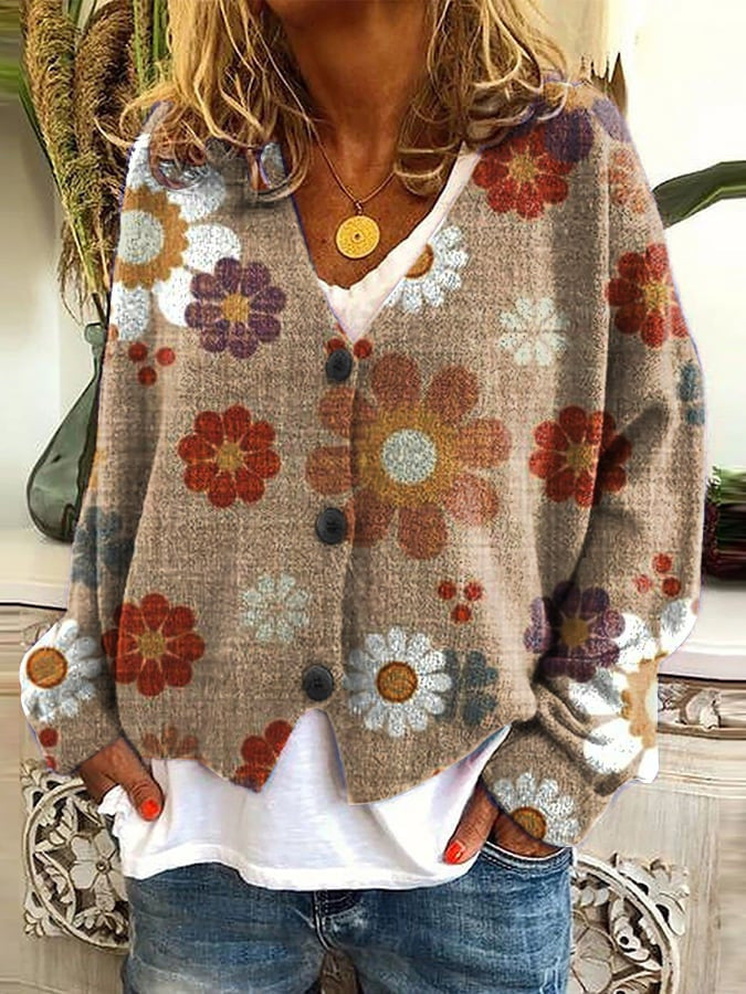 Ladies Knitted Cardigan with Boho Print, V-Neck and Button Closure