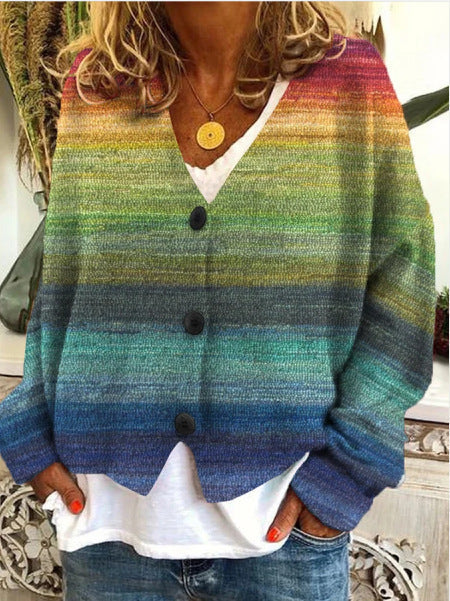Ladies Knitted Cardigan with Boho Print, V-Neck and Button Closure