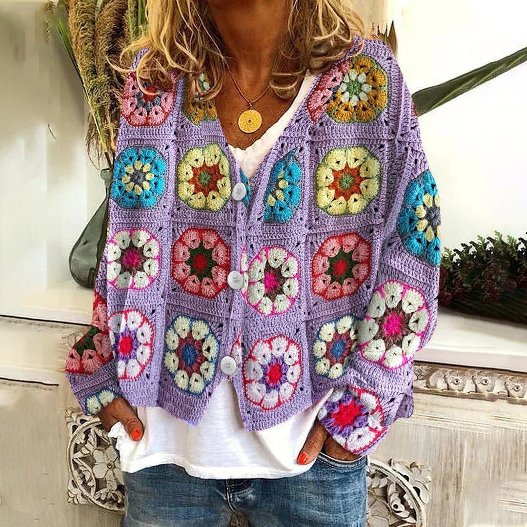 Ladies Knitted Cardigan with Boho Print, V-Neck and Button Closure