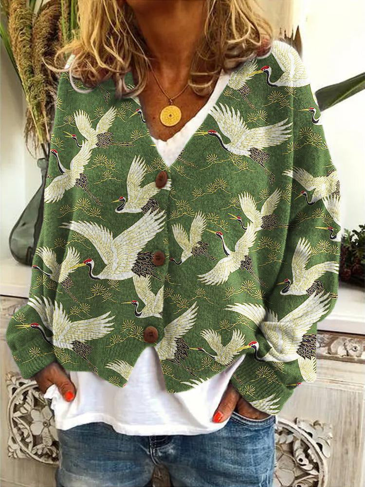 Ladies Knitted Cardigan with Boho Print, V-Neck and Button Closure