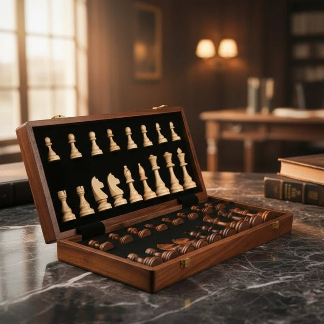 Masterfold Premium Wooden Chess Set With Durable Solid Wood Pieces And Folding Board