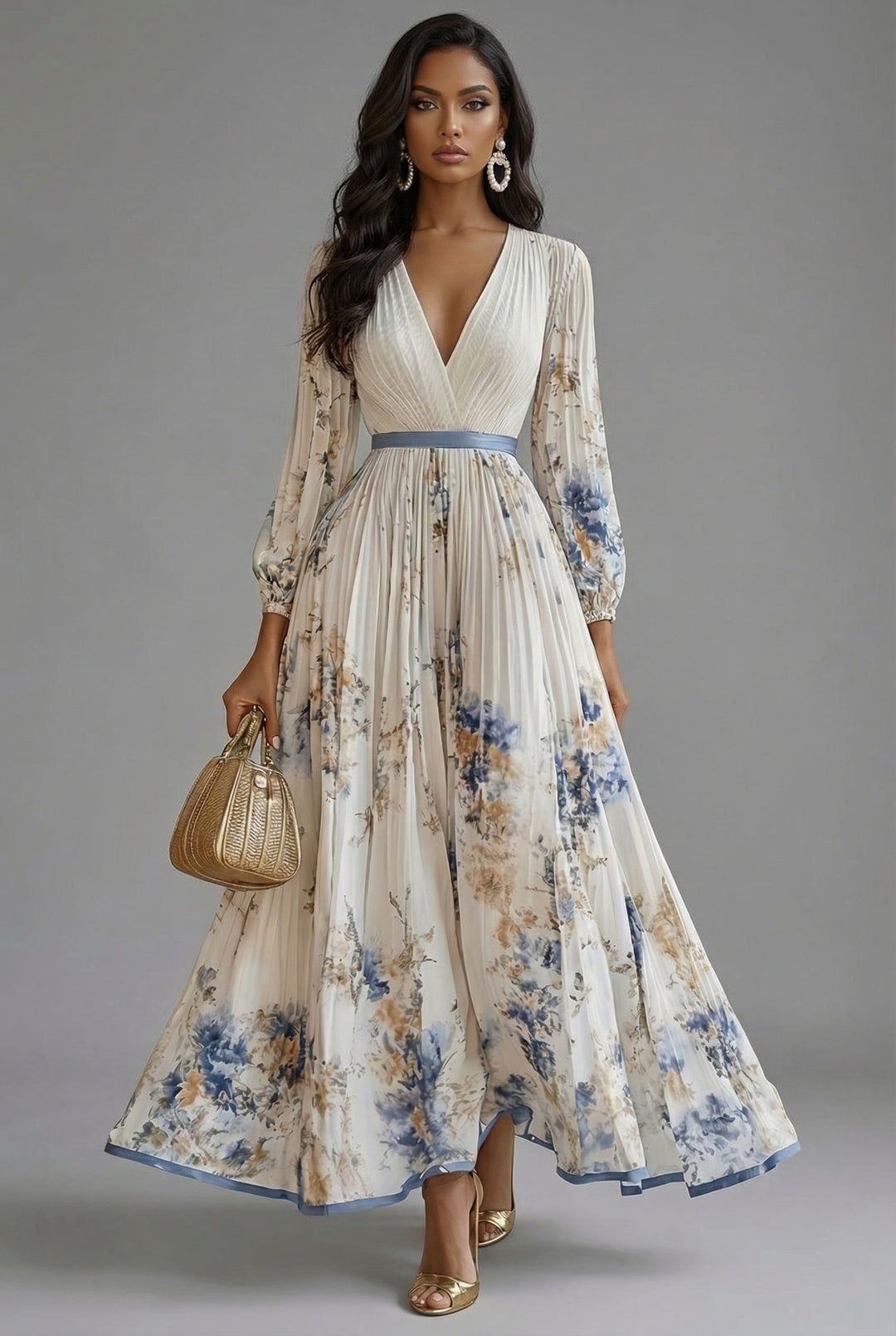 Ava | Maxi Dress Deep V-Neck Long Sleeve Pleated Floral