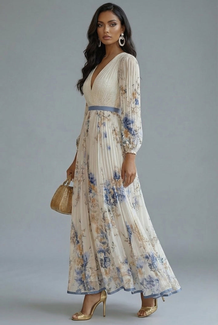 Ava | Maxi Dress Deep V-Neck Long Sleeve Pleated Floral