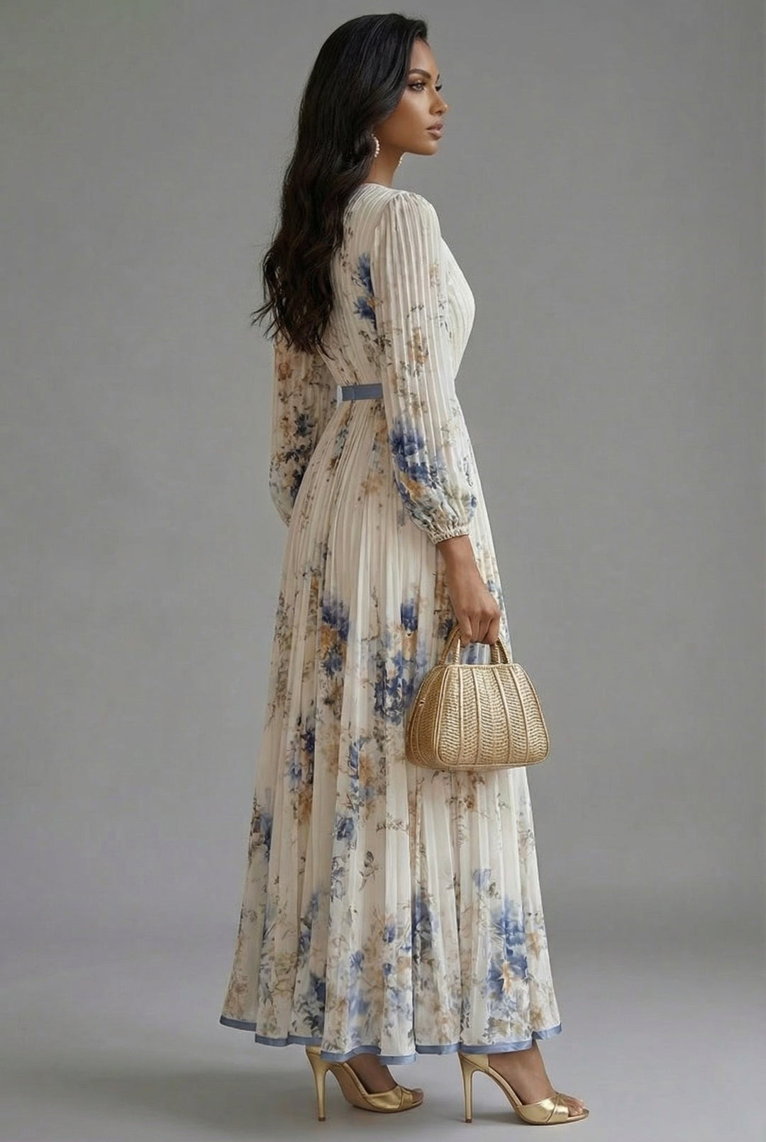 Ava | Maxi Dress Deep V-Neck Long Sleeve Pleated Floral