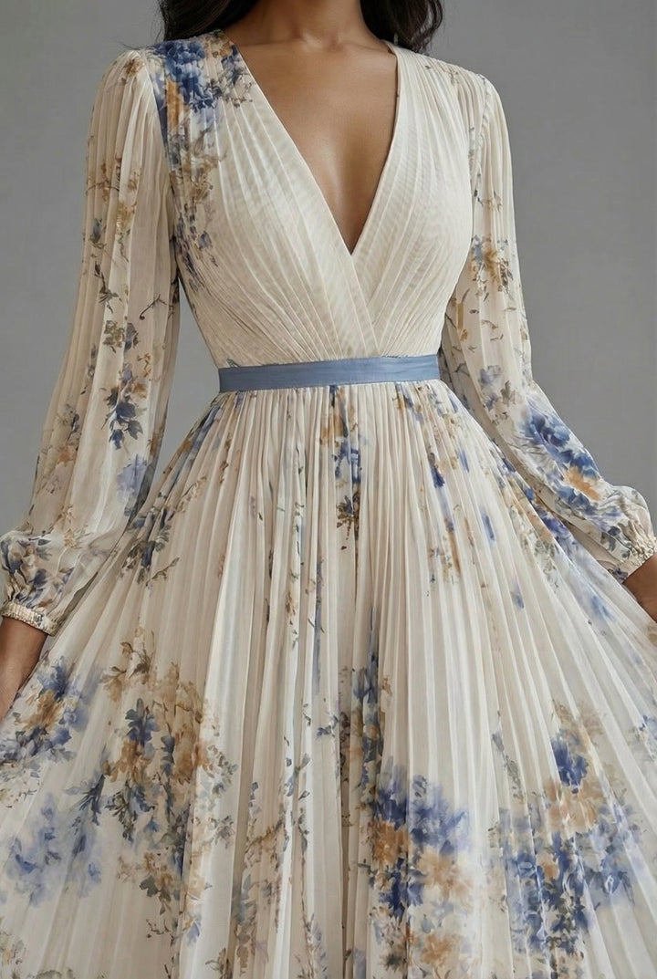 Ava | Maxi Dress Deep V-Neck Long Sleeve Pleated Floral