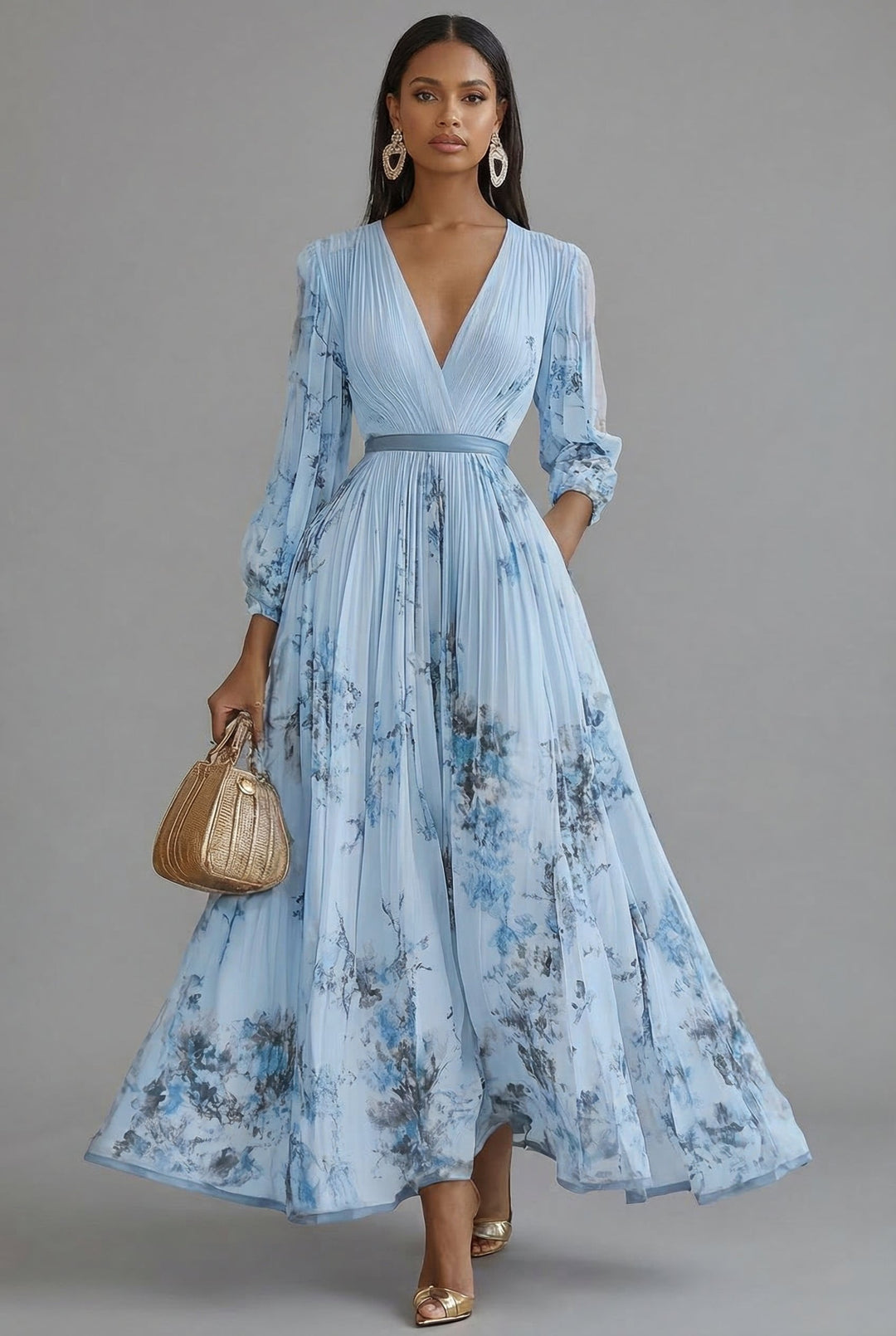 Ava | Maxi Dress Deep V-Neck Long Sleeve Pleated Floral