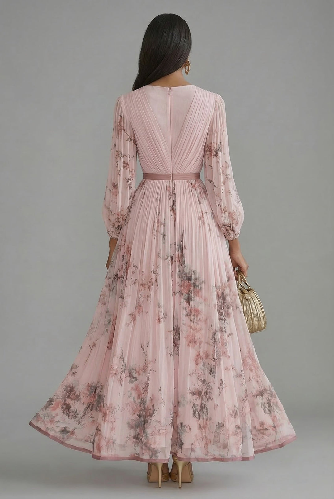 Ava | Maxi Dress Deep V-Neck Long Sleeve Pleated Floral