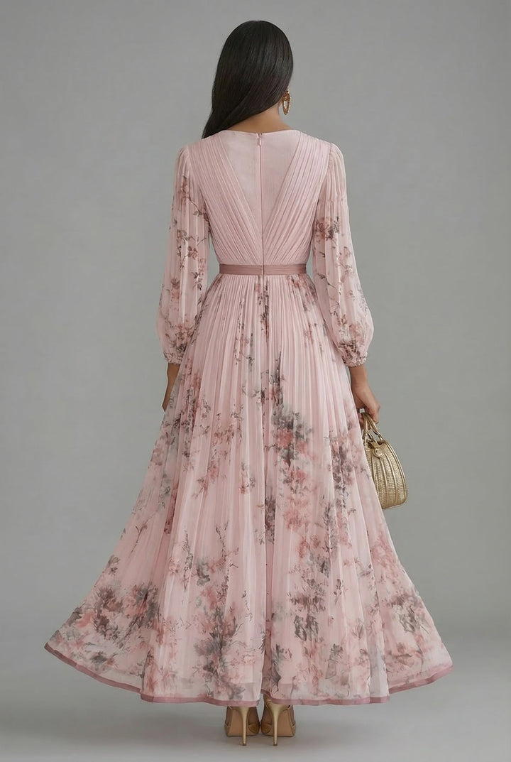 Ava | Maxi Dress Deep V-Neck Long Sleeve Pleated Floral