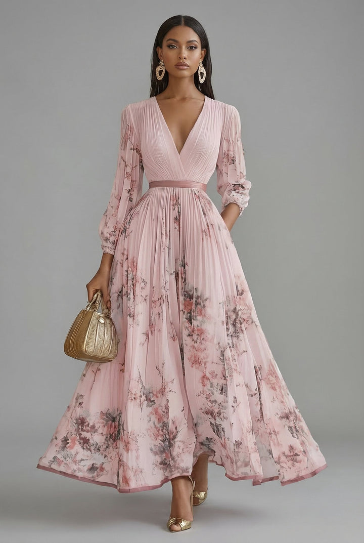Ava | Maxi Dress Deep V-Neck Long Sleeve Pleated Floral