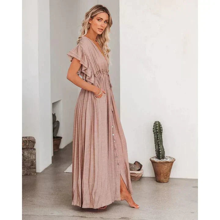 Anne Maxi Taupe Ibiza Dress, view 2 - Elena Harper