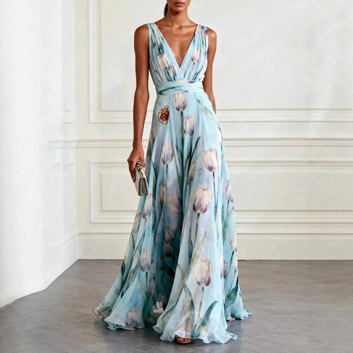 Lourdes | Long cross-over dress for women with deep V-neck and sleeveless design