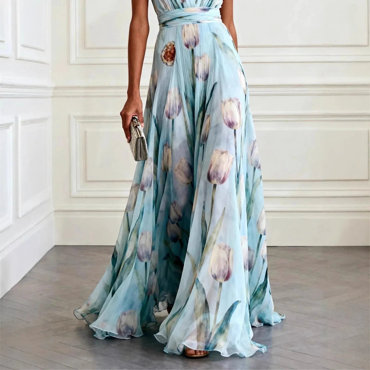 Lourdes | Long cross-over dress for women with deep V-neck and sleeveless design