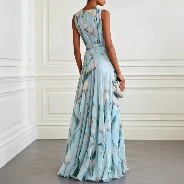 Lourdes | Long cross-over dress for women with deep V-neck and sleeveless design