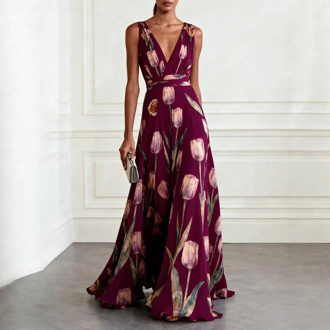 Lourdes | Long cross-over dress for women with deep V-neck and sleeveless design