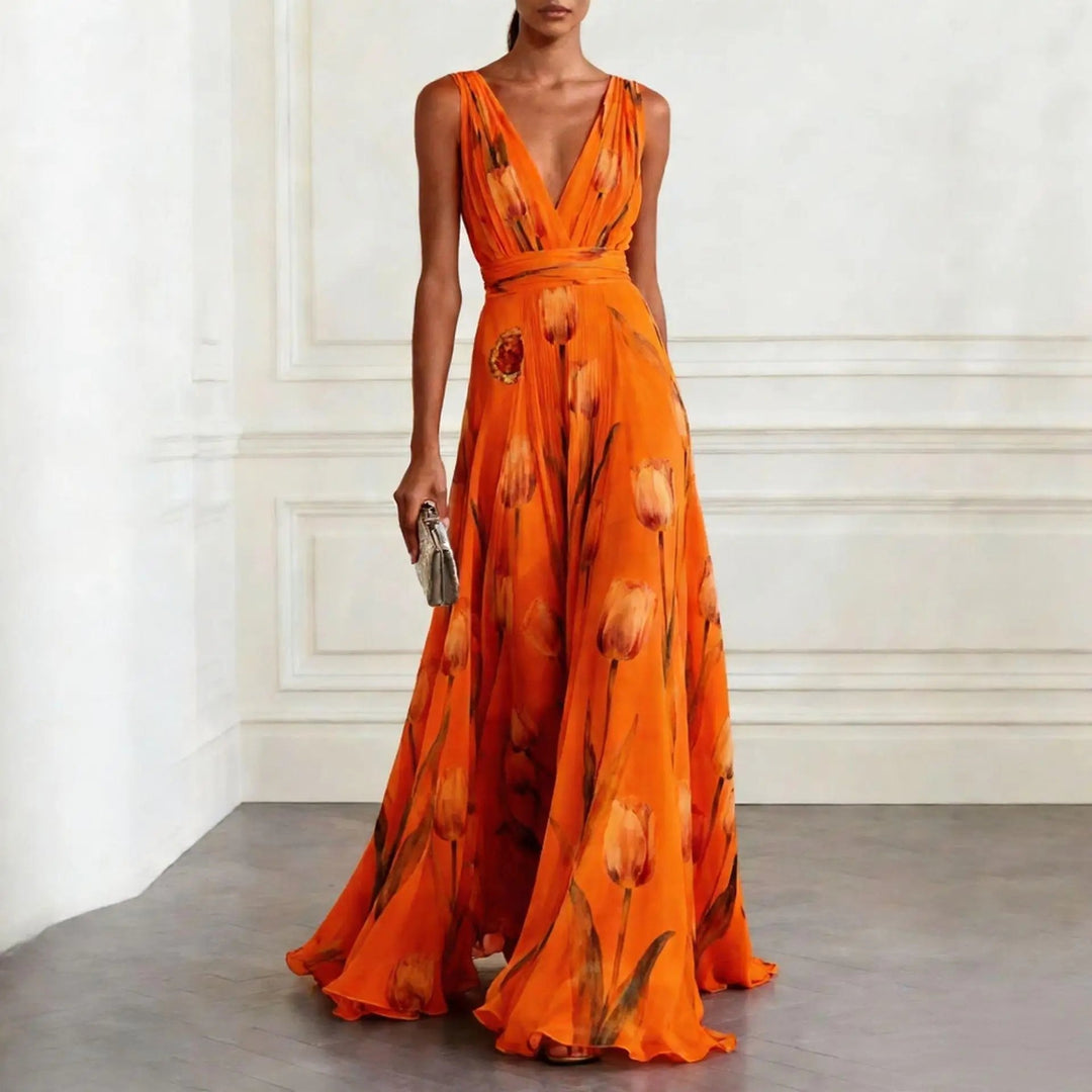 Lourdes | Long cross-over dress for women with deep V-neck and sleeveless design