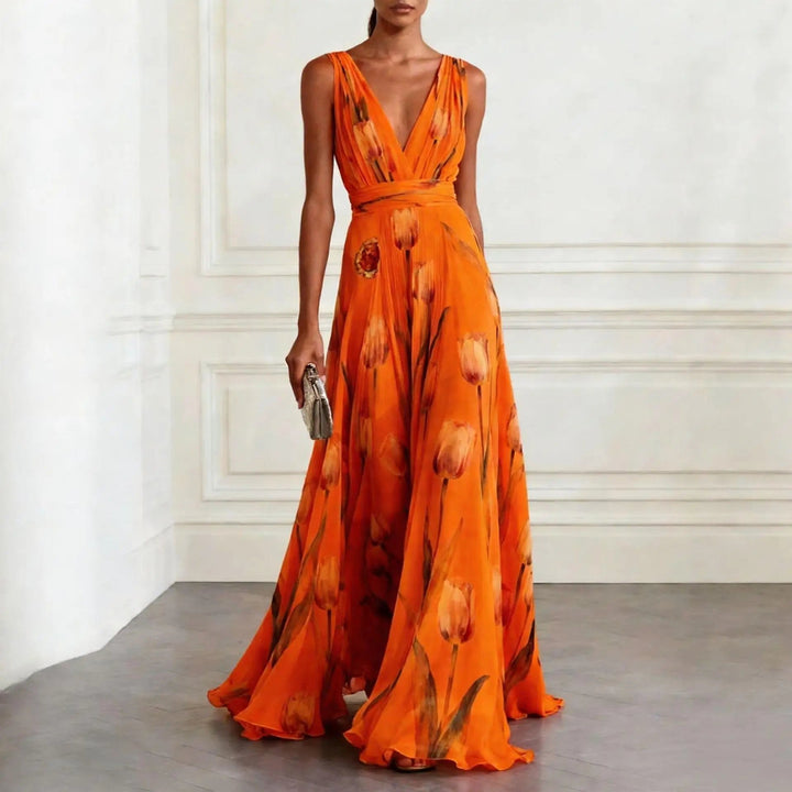 Lourdes | Long cross-over dress for women with deep V-neck and sleeveless design