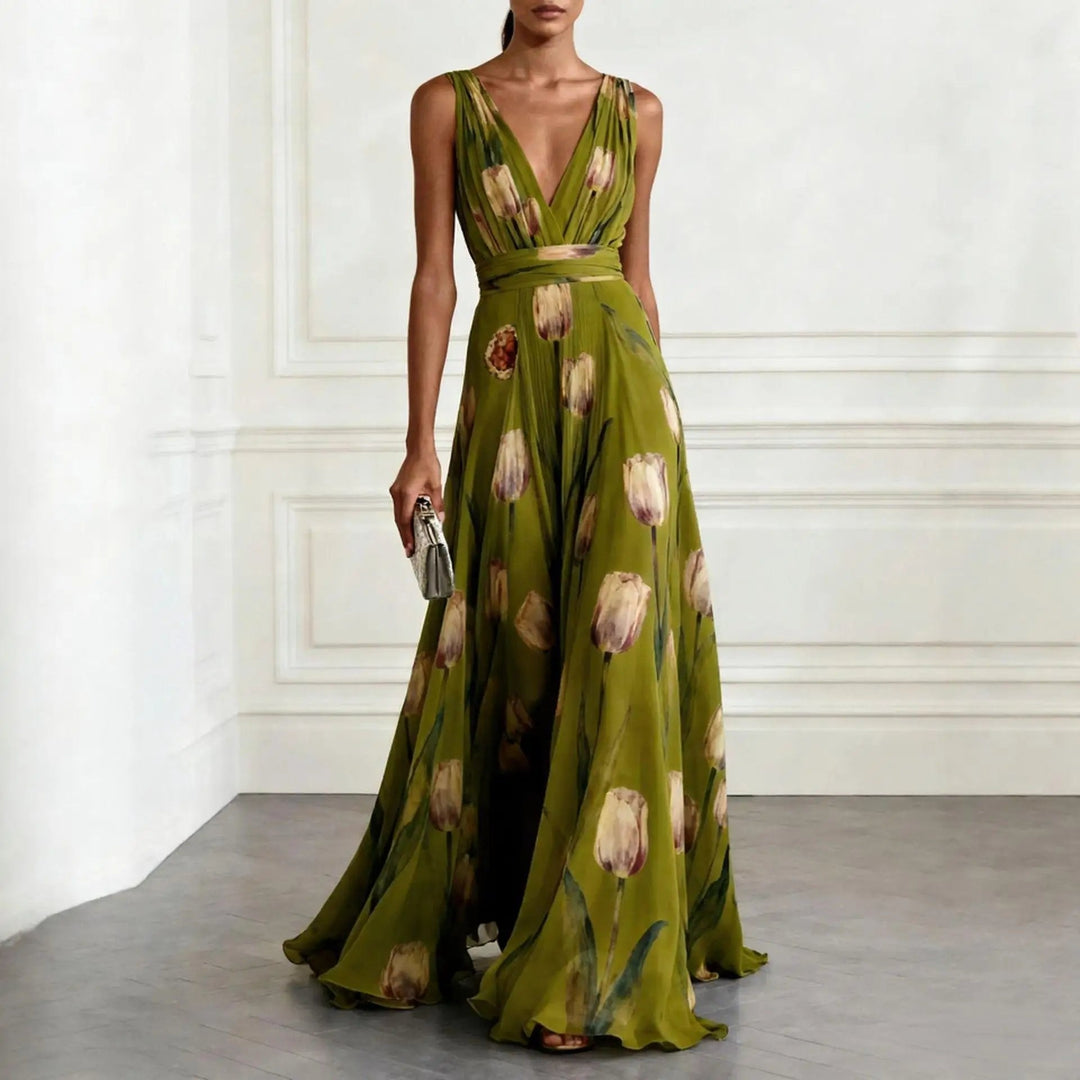 Lourdes | Long cross-over dress for women with deep V-neck and sleeveless design