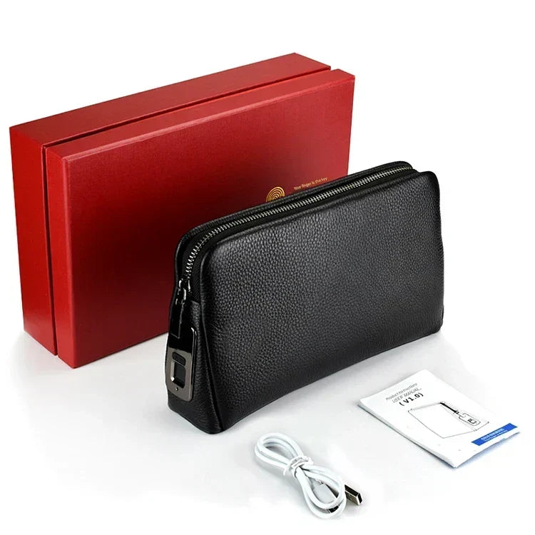 Men's Leather Anti-Theft Clutch with Fingerprint Lock