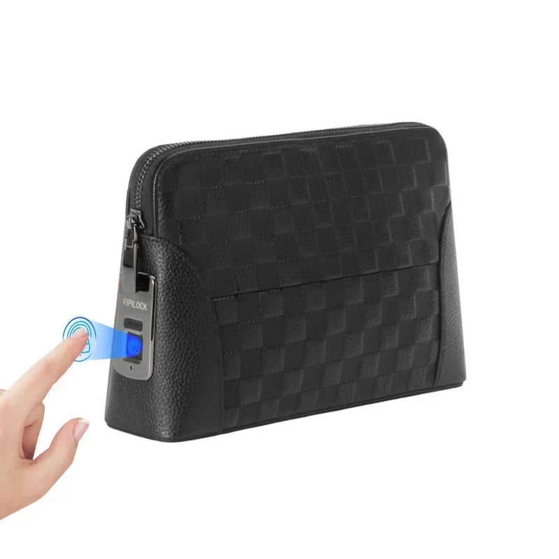 Men's Leather Anti-Theft Clutch with Fingerprint Lock