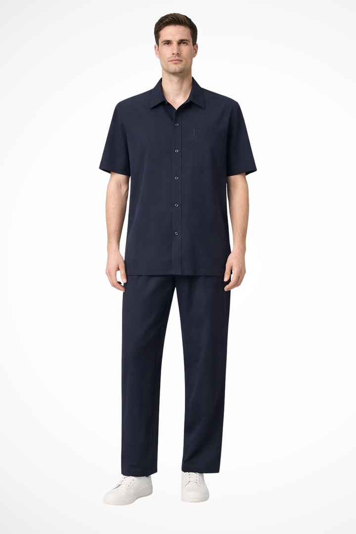 Men's Lapel Short Sleeve Shirt & Elastic Waist Trouser Set