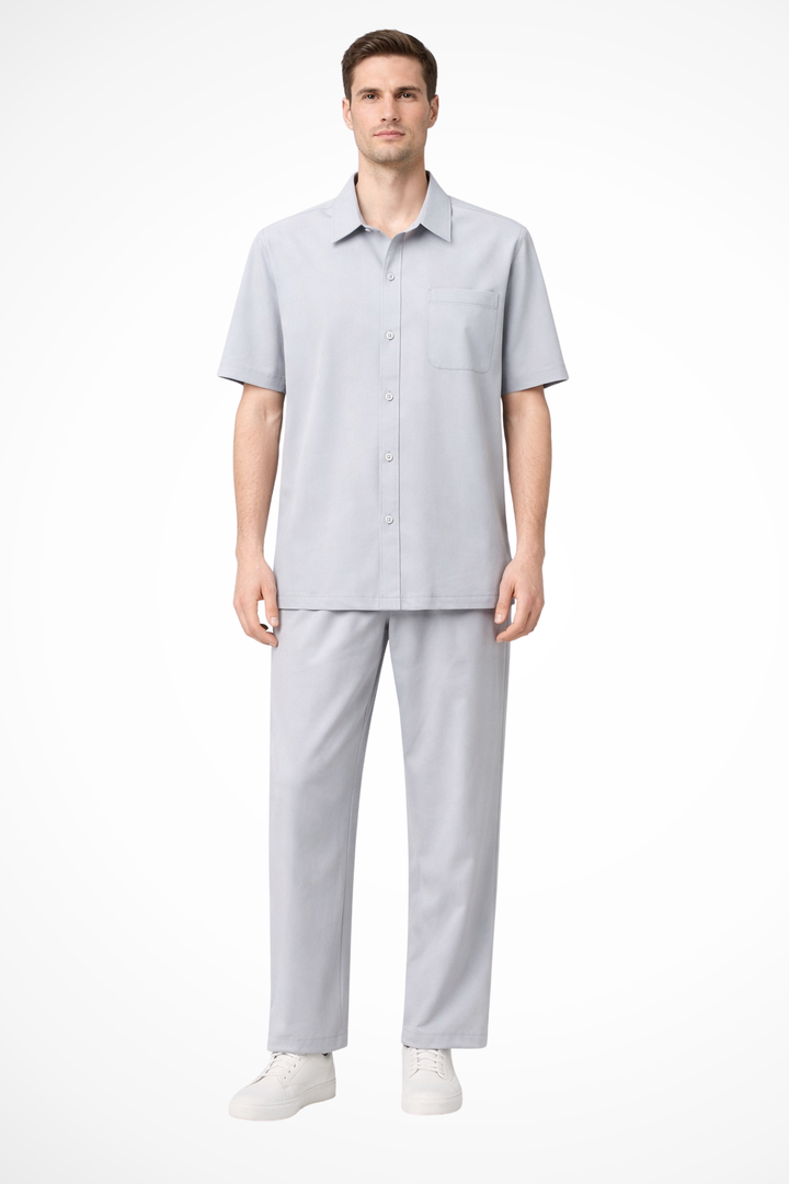 Men's Lapel Short Sleeve Shirt & Elastic Waist Trouser Set