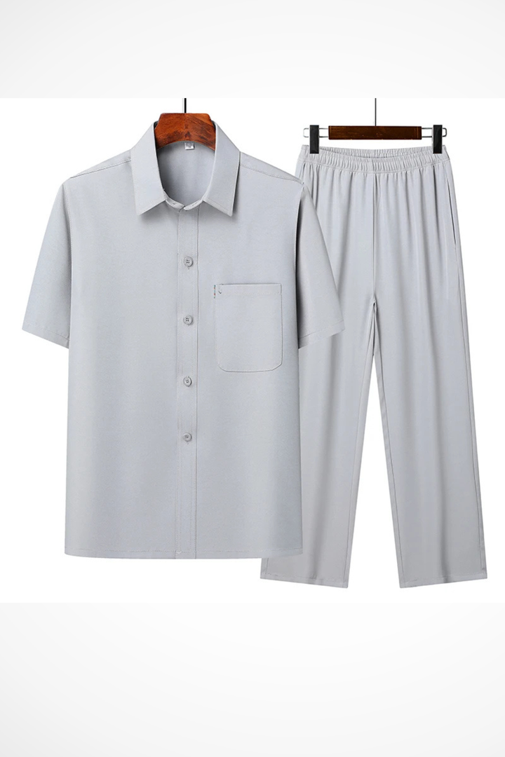 Men's Lapel Short Sleeve Shirt & Elastic Waist Trouser Set