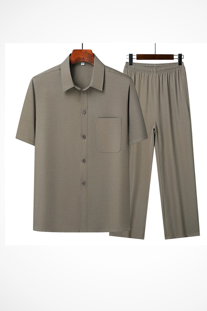 Men's Lapel Short Sleeve Shirt & Elastic Waist Trouser Set