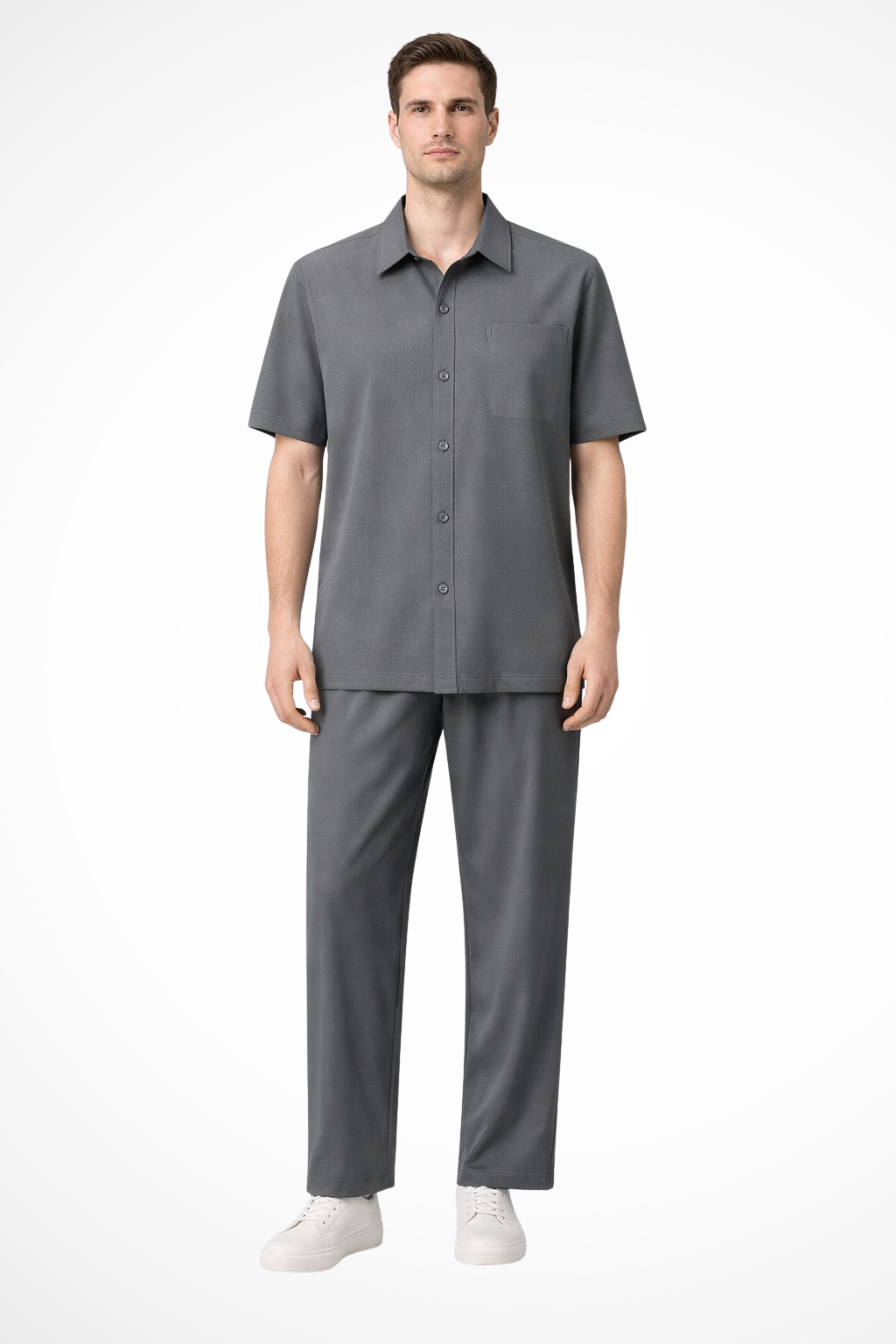 Men's Lapel Short Sleeve Shirt & Elastic Waist Trouser Set