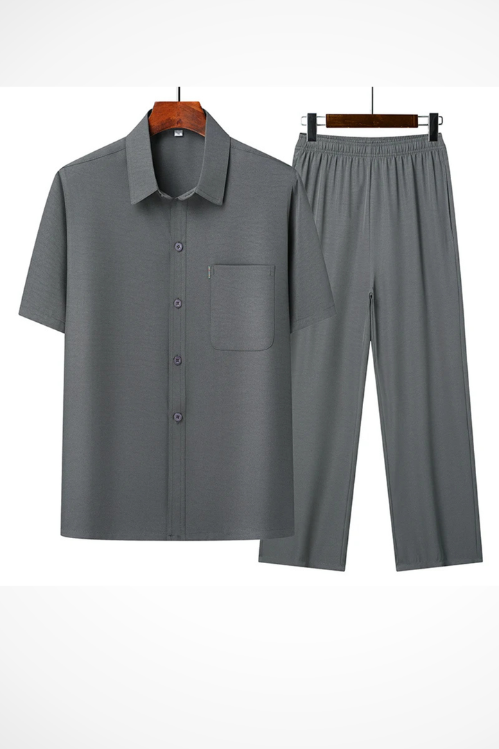 Men's Lapel Short Sleeve Shirt & Elastic Waist Trouser Set