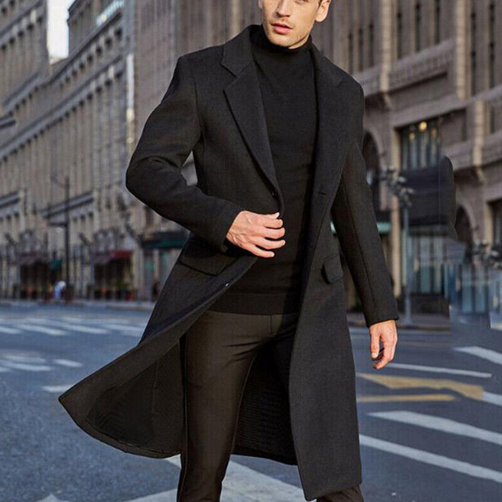 Men's Long Winter Coat in Wool Blend with Classic Fit