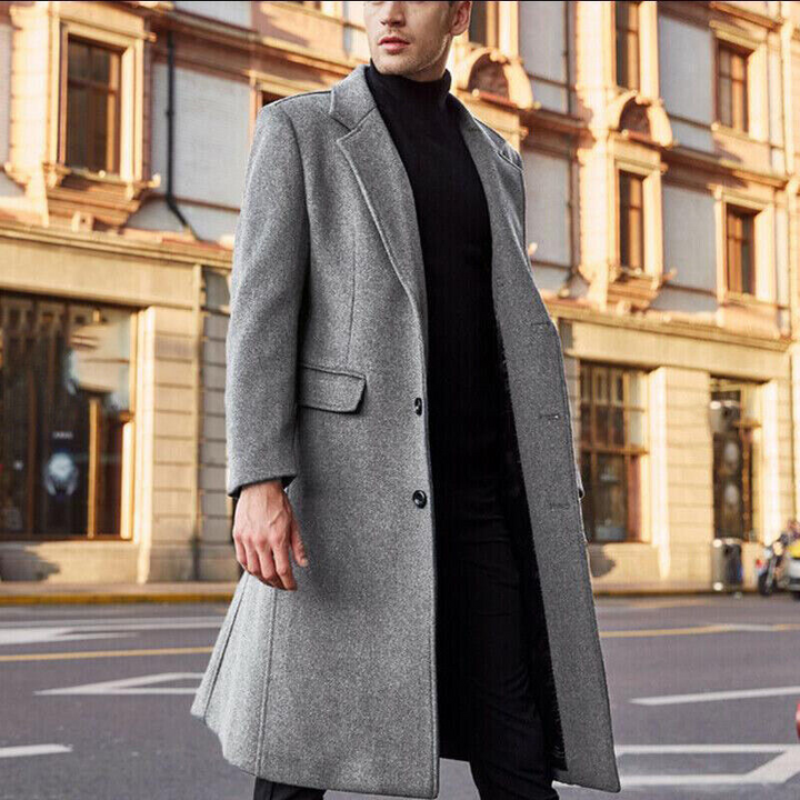Men's Long Winter Coat in Wool Blend with Classic Fit