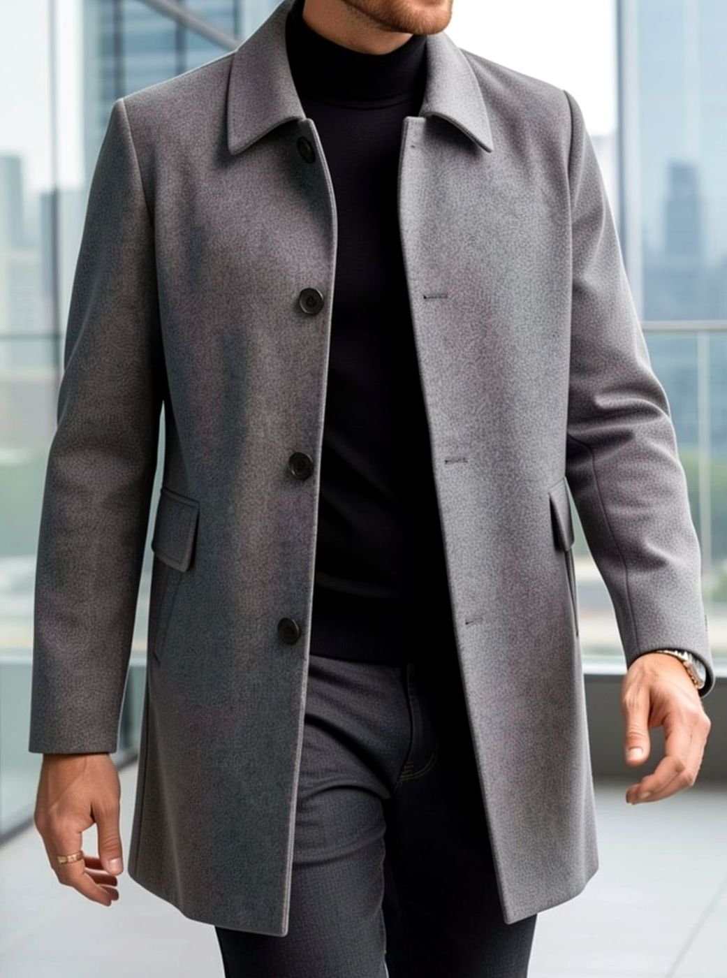 Men's Wool Overcoat Relaxed Fit – Single-breasted with Classic Collar