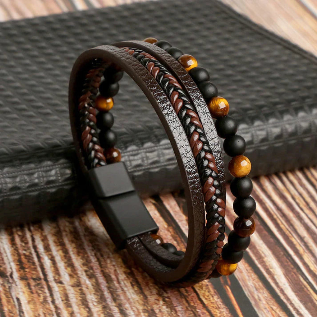 Men's Layered Leather & Stone Bracelet - Urban Style