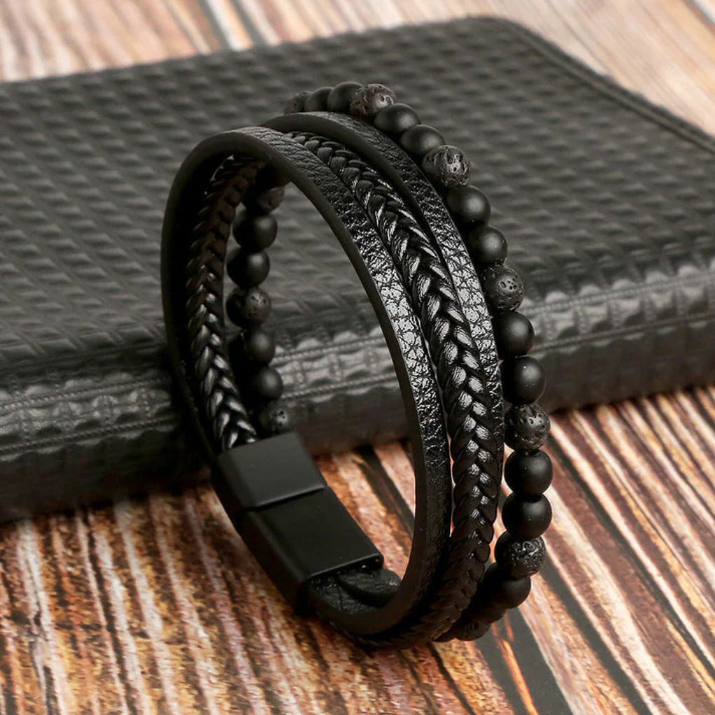Men's Layered Leather & Stone Bracelet - Urban Style