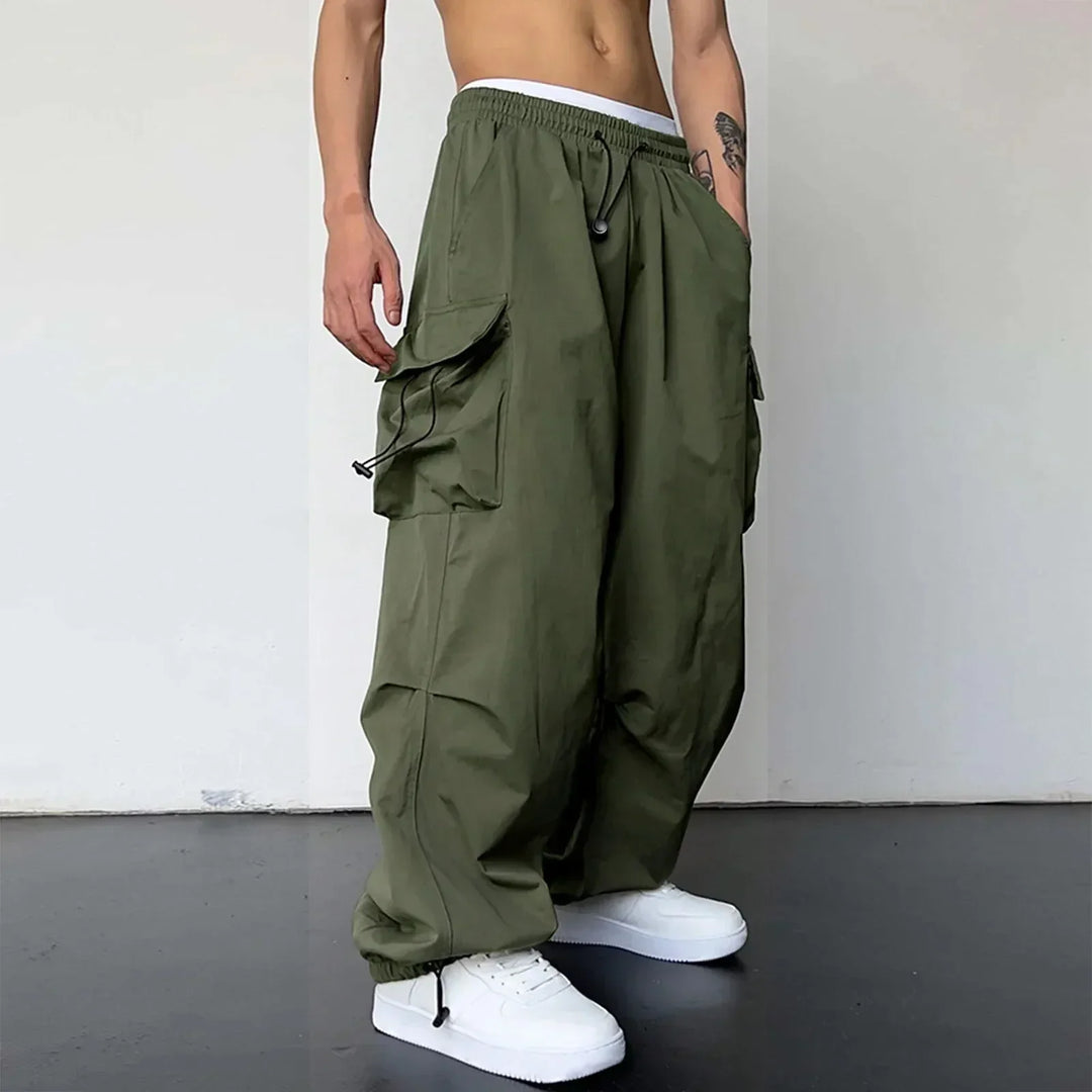 Men's Wide-Leg Cargo Pants with Drawstring Waist