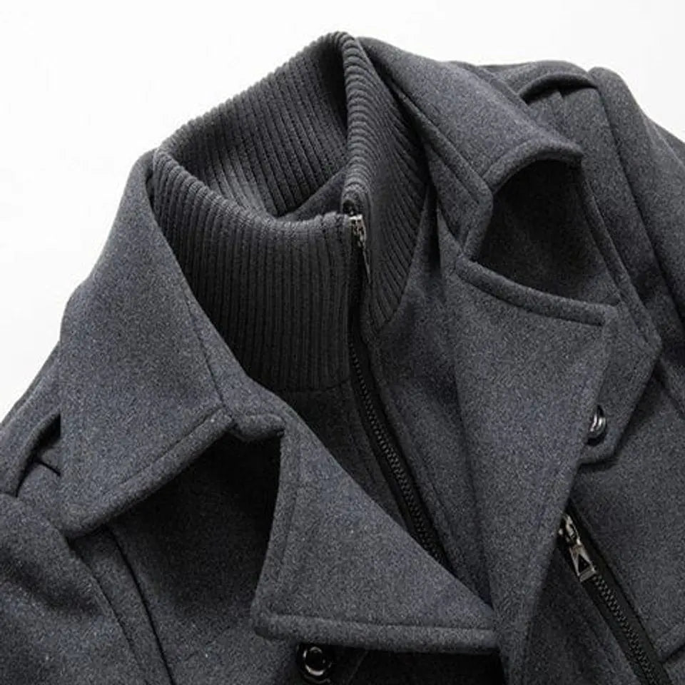 Men's Double-Layer Winter Coat with Integrated Knit Collar