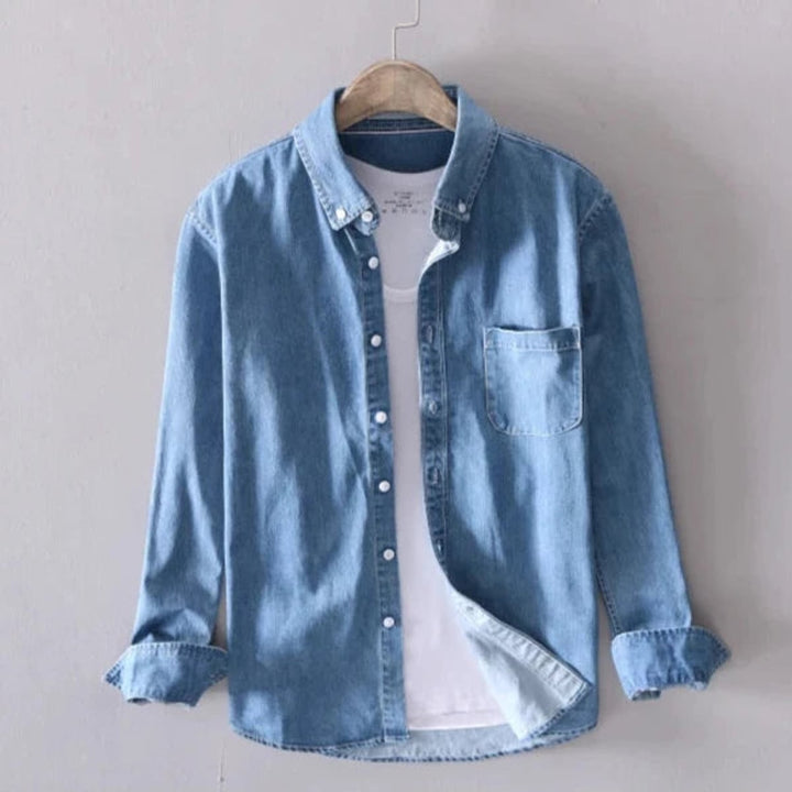 Men's Denim Shirt with Long Sleeves and Button Closure