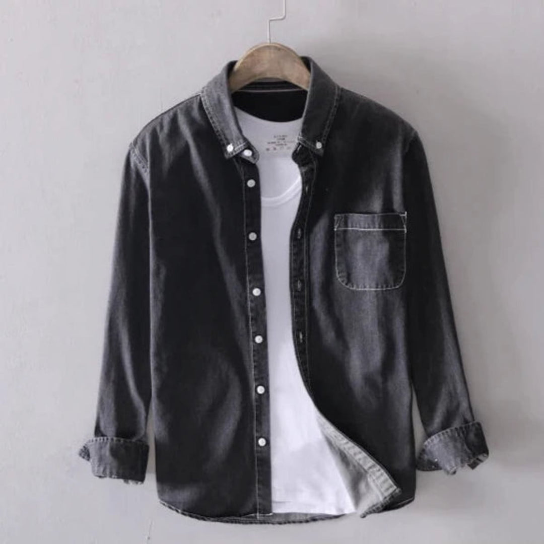 Men's Denim Shirt with Long Sleeves and Button Closure