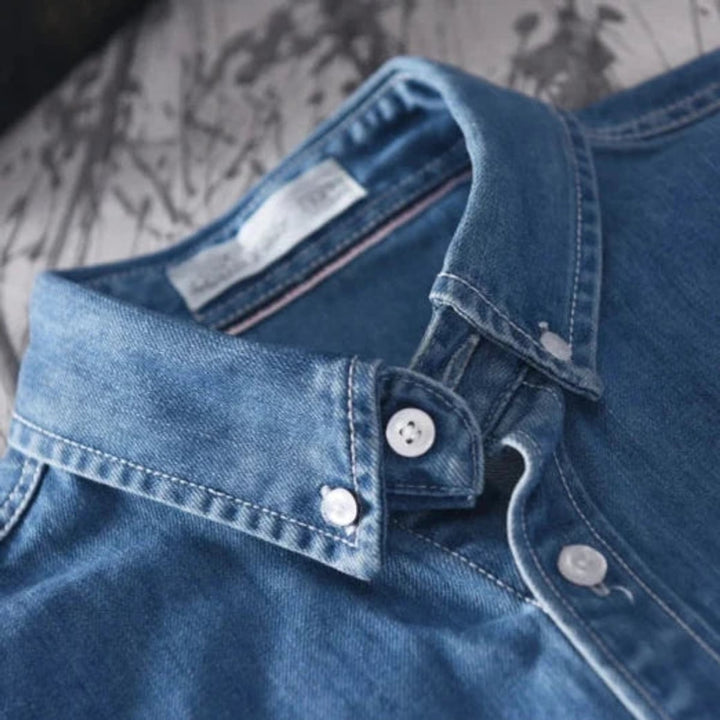 Men's Denim Shirt with Long Sleeves and Button Closure