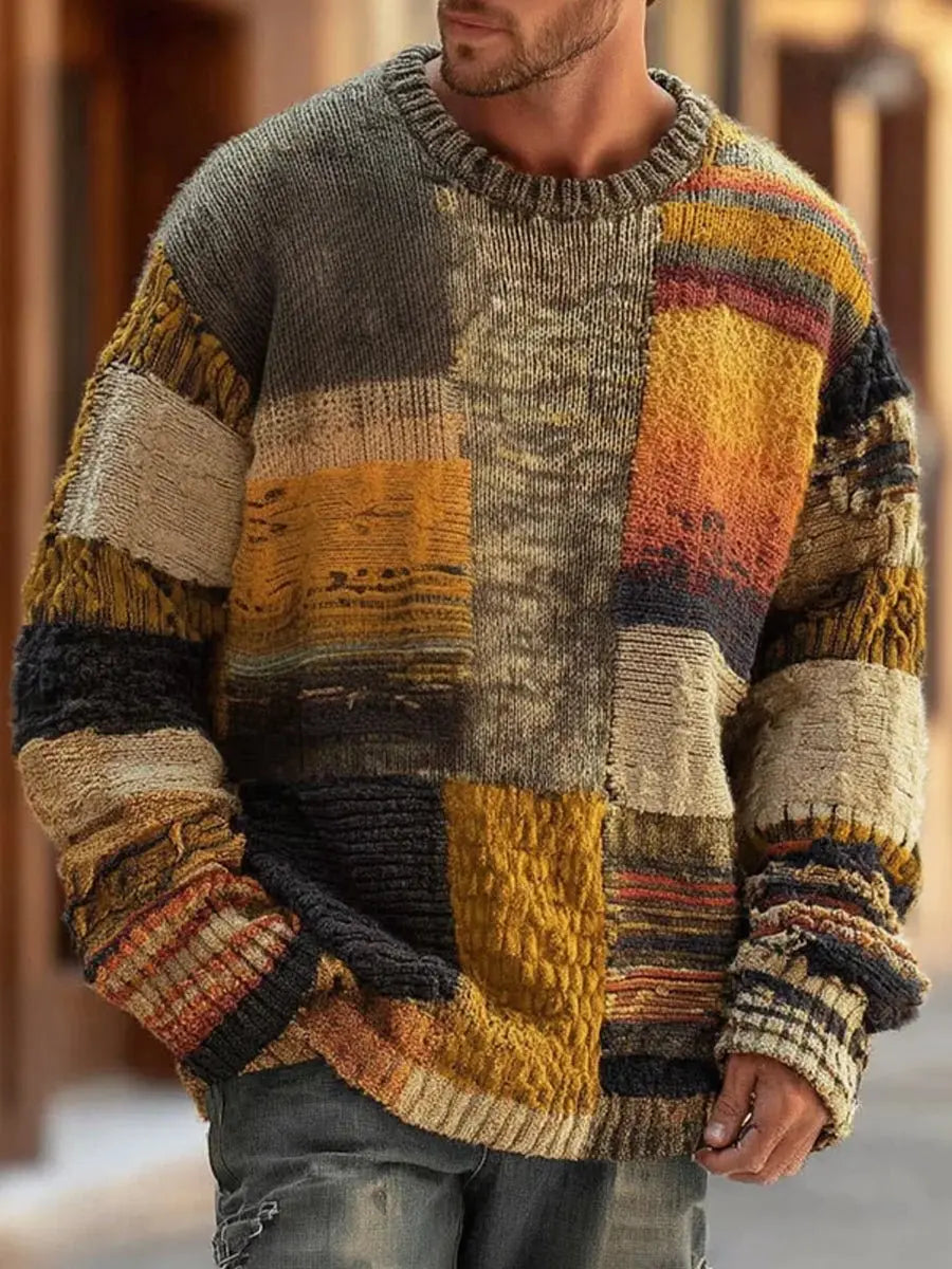 Men's Patchwork Colourblock Chunky Sweater Pullover Jumper - Elena Harper