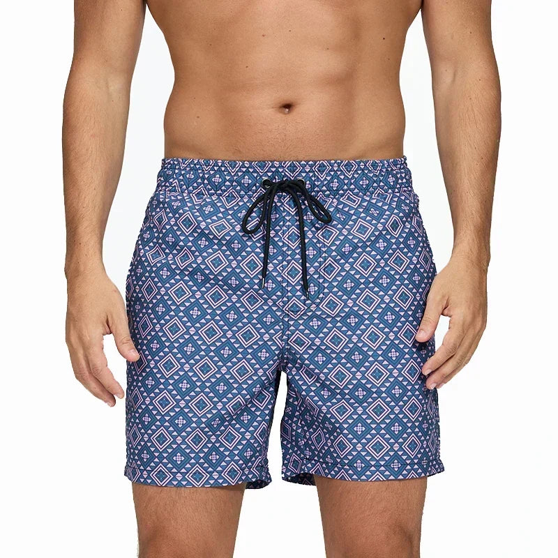 Men's Swim Shorts with Print, Pockets, and Drawstring