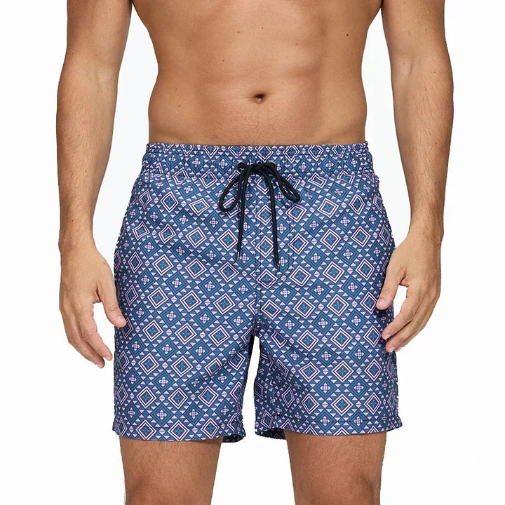 Men's Swim Shorts with Print, Pockets, and Drawstring