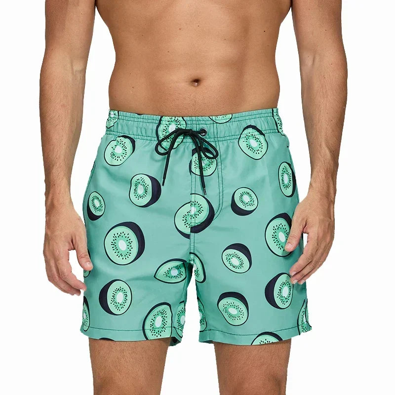 Men's Swim Shorts with Print, Pockets, and Drawstring
