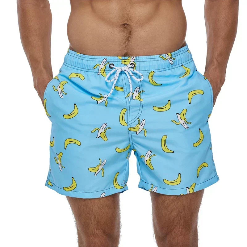 Men's Swim Shorts with Print, Pockets, and Drawstring