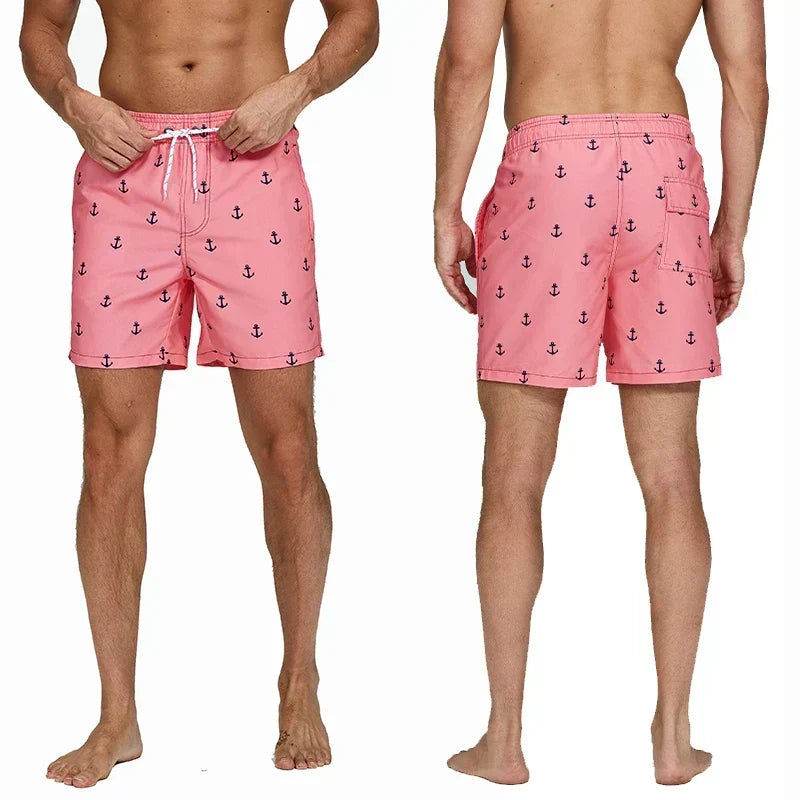 Men's Swim Shorts with Print, Pockets, and Drawstring