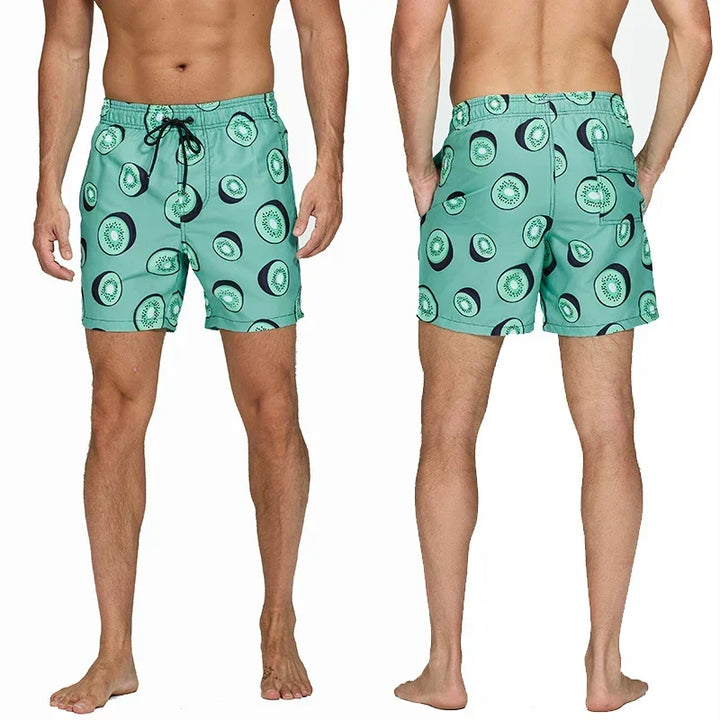 Men's Swim Shorts with Print, Pockets, and Drawstring